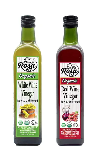 De La Rosa - Vinagre orgánico de vino tinto y blanco, crudo y sin filtrar, con la "madre", Kosher para Pascua, vegano, sin OMG y sin gluten, ideal