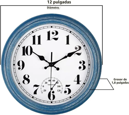 Miniatura 7 de JENLYSTIME Reloj de pared retro impermeable de 12 pulgadas para interior/exterior con termómetro, silencioso, redondo, de cuarzo, funciona con 40