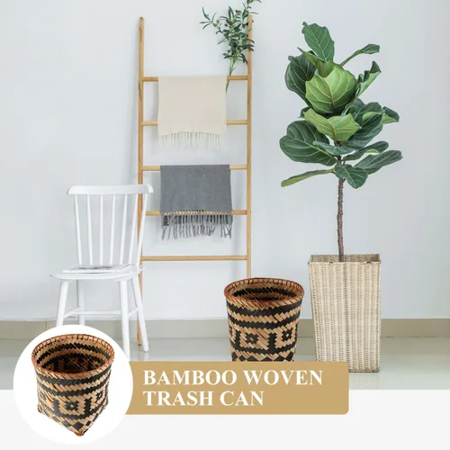 Miniatura 6 de Ipetboom Cesta de basura tejida de bambú: cesta de basura decorativa de granja, cubo de basura redondo de ratán, cesta de lavandería de mimbre
