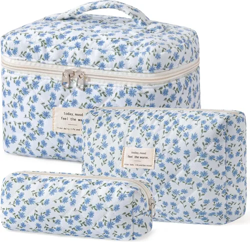 Miniatura 42 de HBselect Bolsa de maquillaje acolchada, 3 piezas de algodón grande, bolsa de maquillaje de viaje, bonita bolsa de maquillaje floral de coqueta