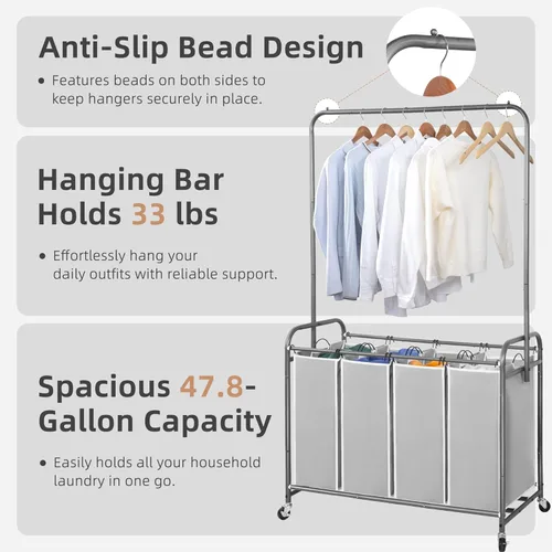 Miniatura 4 de STORAGE MANIAC Clasificador de ropa sucia con barra para colgar, portátil, extraíble con ruedas enrollables resistentes y bolsas extraíbles