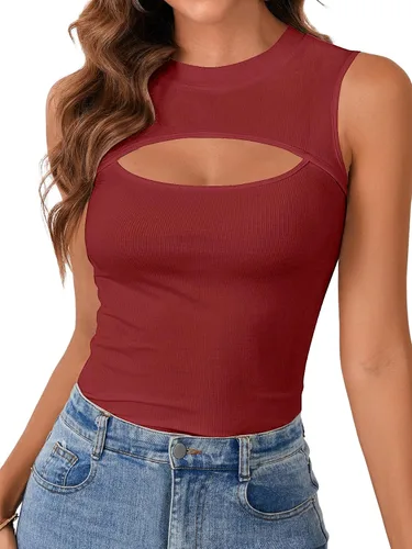 Miniatura 7 de Vrtige Camiseta sin mangas sexy con cuello redondo para mujer, de punto acanalado, sin mangas, ajustada