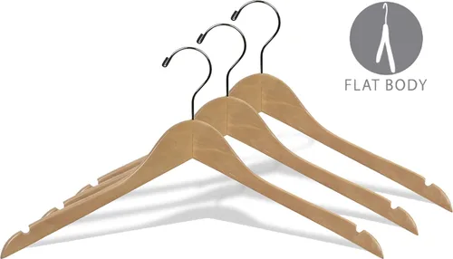 Miniatura 2 de Percha superior de madera, caja de 100 perchas planas de madera de 17 pulgadas que ahorran espacio con acabado natural, gancho giratorio cromado