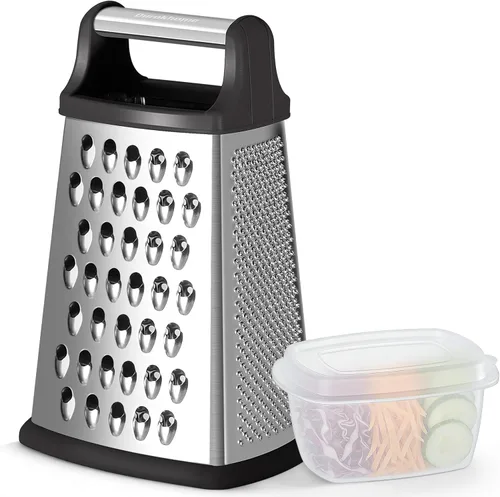 Ourokhome Rallador de queso, rallador de caja de mano con recipiente y tapa, acero inoxidable de 4 lados para cocina, juliena ondulada, rebanadora,