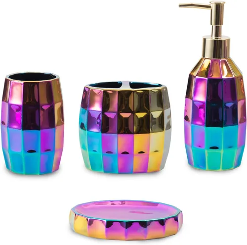 Miniatura 12 de Juego de accesorios de baño plateados, juego de accesorios de baño de cerámica de mosaico incluye dispensador de loción, vaso de soporte para Plata