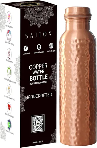 Botella de agua de cobre puro martillado – Vaso ayurvédico de 32 onzas, a prueba de fugas y duradero, ideal para viajes, gimnasio, oficina y uso al