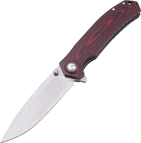 Miniatura 2 de SHIELDON Charkos - Cuchillo plegable VG10 Core 67 capas de acero de Damasco de 4 pulgadas, hoja de punto de caída, Scarlet G10, mango de fibra