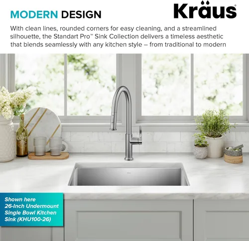 Miniatura 5 de Kraus KHU111-25 Standart PRO - Fregadero de cocina empotrado con tazón individual de acero inoxidable, calibre 16, 25 pulgadas