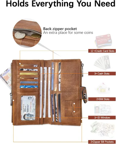 Miniatura 2 de BOSTANTEN Carteras de cuero para mujer con bloqueo RFID de gran capacidad, tarjetero triple para mujer