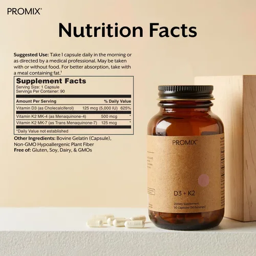 Miniatura 2 de Promix Nutrition Suplemento de vitamina D3 K2 5000iu MK4 y MK7 Sin soja y gluten - cápsula de 90