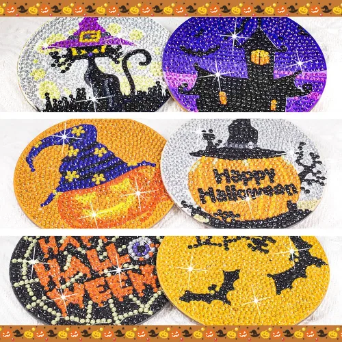 Miniatura 4 de Praise V Do Juego de 6 posavasos de pintura de diamante con soporte de base de corcho, posavasos de calabaza de Halloween, kit de pintura