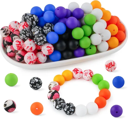 Miniatura 11 de 70 cuentas de silicona impresas para hacer llaveros, cuentas redondas de silicona de 0.59 pulgadas para hacer bolígrafos, collares y pulseras