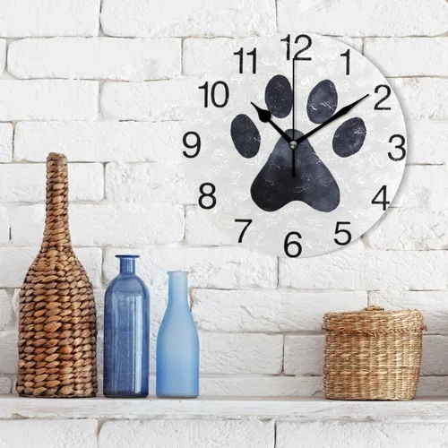 Miniatura 3 de senya Reloj de pared redondo con diseño de pata de perro negro, pintura al óleo silenciosa sin tictac, decorativo para el hogar, oficina, escuela