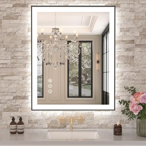 Miniatura 36 de Amorho Espejo de baño LED de 24 x 32 pulgadas con luces, iluminación frontal y retroiluminación, regulable continuamente, antiniebla, vidrio Frente
