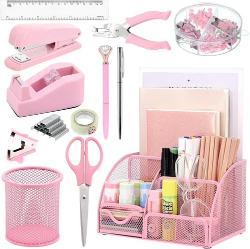 Miniatura 12 de SYMDROMIA Juego de organizador de escritorio de oficina 13 en 1 con engrapadora y dispensador de cinta, soporte para bolígrafos, tijeras, regla