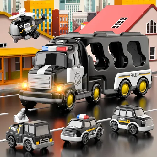 Miniatura 7 de Bennol Juguetes de camiones de policía para niños pequeños de 5 en 1 para niños de 1, 2, 3, 4 y 5 años, vehículos de rescate de policía, camiones
