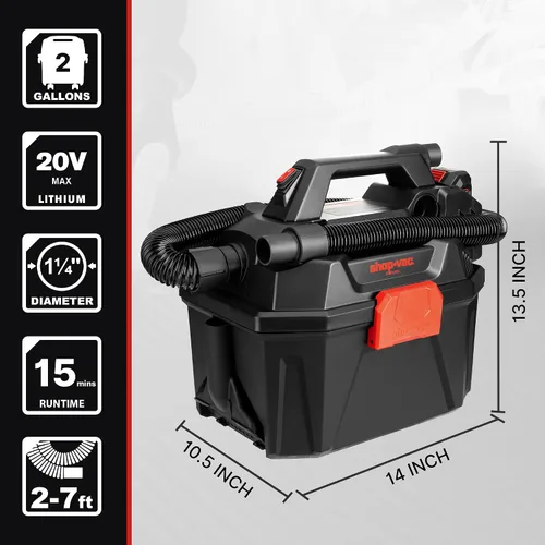 Miniatura 3 de Shop-Vac 5430023 - Aspiradora inalámbrica para húmedo/seco de 20 V, 2 galones, 1.5 pulgadas de diámetro x 5 pies, diseño portátil para limpieza
