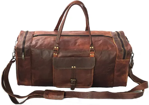 Miniatura 3 de KK's - Bolsa de viaje de cuero vintage, hecha a mano, elegante y duradera, ideal para gimnasio, viajes, bolsa de viaje de cuero genuino, remaches