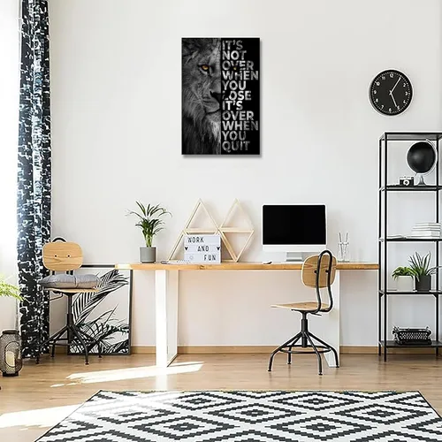 Miniatura 6 de Lienzo impreso de cabeza de león, arte de pared inspirador, póster de animales en blanco y negro, imagen motivacional con cita motivacional