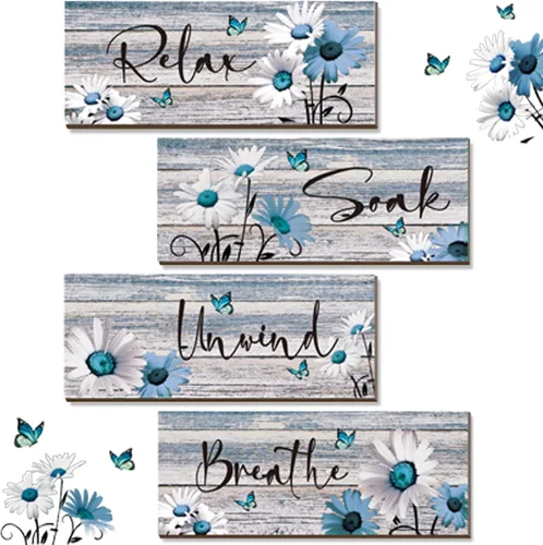 ZINYAZHE 4 piezas de decoración de pared de baño estilo granja, flores de margarita azul y mariposa, arte de baño en color azul claro, placa rústica