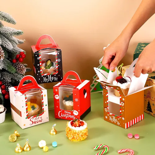 Miniatura 2 de TaoBary 24 cajas de magdalenas de Navidad, caja individual para cupcakes, cajas de galletas de Navidad con asa de inserción de ventana, soporte