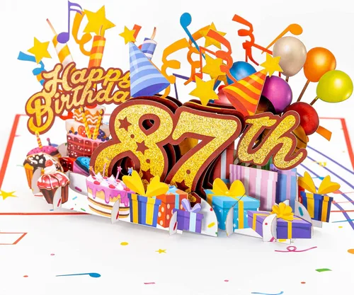 Miniatura 14 de iGifts And Cards Tarjeta desplegable 3D de feliz cumpleaños 87 – Diseño azul con números de purpurina, globos, pasteles y regalos – Tarjeta