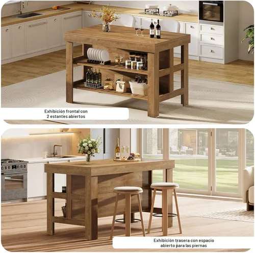 Miniatura 6 de Tribesigns Isla de cocina con estantes de asiento y almacenamiento, mostrador de desayuno de 55.1 pulgadas, mesa de isla de granja para cocina