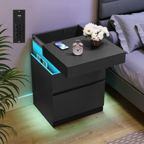 Miniatura 10 de VASAGLE Mesita de noche con estación de carga, 2 salidas de CA y 2 puertos USB, mesita de noche, mesa auxiliar con 3 cajones, estilo moderno, 13.8 x