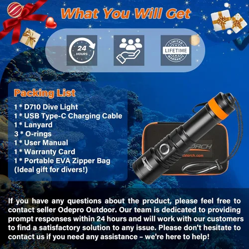 Miniatura 6 de ORCATORCH D710 Luz de Buceo, Linterna Subacuática Super Brillante de 3000 Lúmenes con Haz Estrecho de 6 Grados, Antorcha de Buceo Nocturna Negro