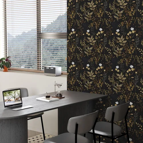 Miniatura 3 de Papel Tapiz Floral Negro Despegar y Pegar Papel Tapiz de Hojas Papel de Contacto de Hojas Doradas para Gabinetes Impermeable Autoadhesivo Papel