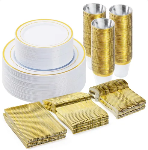 Miniatura 16 de BESTVIP Juego de vajilla de 300 piezas de oro negro para 50 invitados, platos de plástico para fiesta de Halloween y Navidad, 50 platos desechables