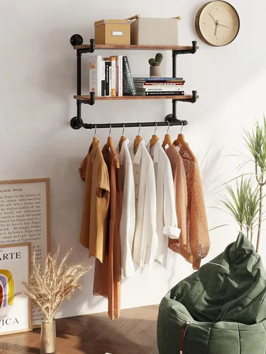 Miniatura 12 de Perchero para ropa de 72 pulgadas, para montar en la pared, con estante de madera real, perchero colgante resistente, barra para colgar multiusos