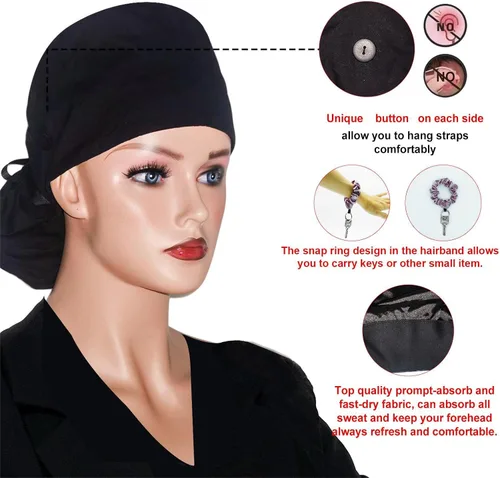 Miniatura 2 de Gorra médica con interior sedoso, gorro de algodón con banda para el sudor y botones, cola de caballo ajustable