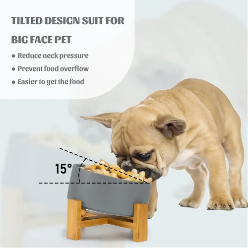 Miniatura 2 de SPUNKYJUNKY Cuenco de cerámica inclinado de 15° para perros y gatos con soporte de madera, cuenco inclinado para comida y agua para bulldog