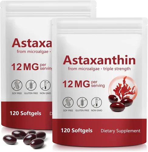 Liefiet Astaxantina 12 mg 120 cápsulas blandas, paquete de 2 suplementos antioxidantes de astaxantina premium, apoya los ojos, la piel, la salud de