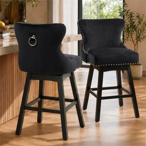 ECOTOUGE Juego de 2 taburetes de bar giratorios de 26 pulgadas de altura de asiento con respaldo y patas de madera, taburetes tapizados de Negro