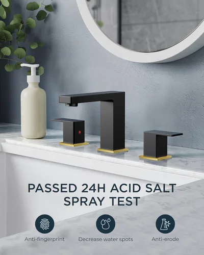 Miniatura 4 de FORIOUS Grifo de baño negro y dorado de 8 pulgadas de extensión amplia cuadrado, 2 manijas, grifos negros mate de 6 pulgadas para lavabo de baño, 3