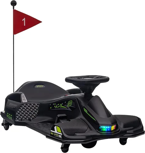 Aosom Go Kart Eléctrico de 12V, Coche de Deriva de 5 MPH, Juguete de Montar con Batería para Exteriores con Arranque Lento, Música, Luces Coloridas,