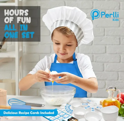 Miniatura 6 de PERLLI Juego de cocina real para niños para cocinar y hornear, 31 piezas. Regalo para chef junior con utensilios reales, estuche y juego