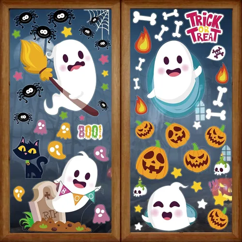 Miniatura 2 de LOKIPA Adhesivos para ventana de Halloween, 8 hojas de calcomanías de Halloween para ventana de vidrio