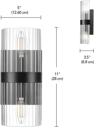 Miniatura 7 de Globe Electric 65000050 Aplique de pared de 2 luces, negro mate, pantalla de vidrio acanalado, enchufes de base E12, luces para sala de estar