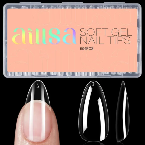 Miniatura 17 de AILLSA Puntas de uñas medianas de almendra, uñas de gel suave transparente, puntas de uñas preformadas de cobertura completa, puntas de uñas