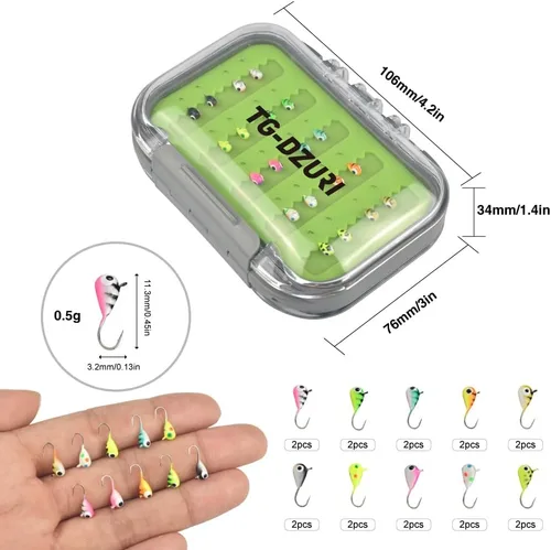 Miniatura 4 de Kit de Jigs de Pesca en Hielo de Tungsteno, 3.2/4/5mm Gota Lágrima que Brillan en la Oscuridad Señuelos Jigs de Pesca en Hielo con Caja de Jigs