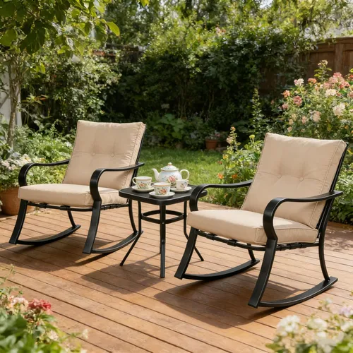 Miniatura 4 de SUNCROWN Juego de 3 sillas mecedoras para exteriores, muebles de acero negro con cojín grueso y mesa de centro con tapa de cristal, color marrón