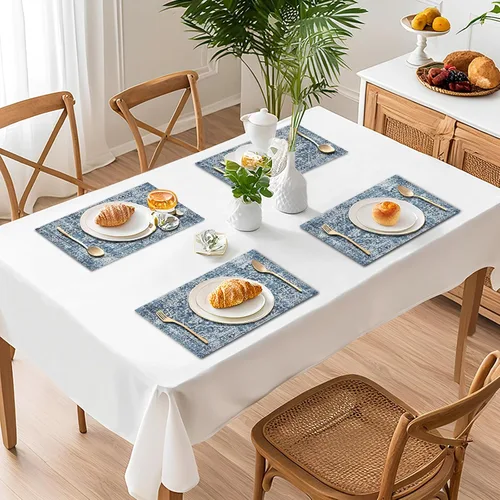 Miniatura 7 de Juego de 4 manteles individuales color azul bohemio para interiores, tela de lino étnica, lavables, resistentes al calor, para mesas de cocina