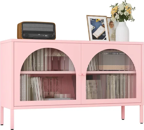 Miniatura 7 de Gabinete de almacenamiento de metal, soporte de TV de 2 puertas, armario decorativo con puertas y estante ajustable, armario de metal, mesita