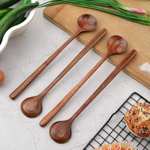 Miniatura 5 de Patelai 6 cucharas de madera de 11 pulgadas, cucharas de madera de mango largo, cuchara de sopa de estilo coreano japonés para cocinar, comer