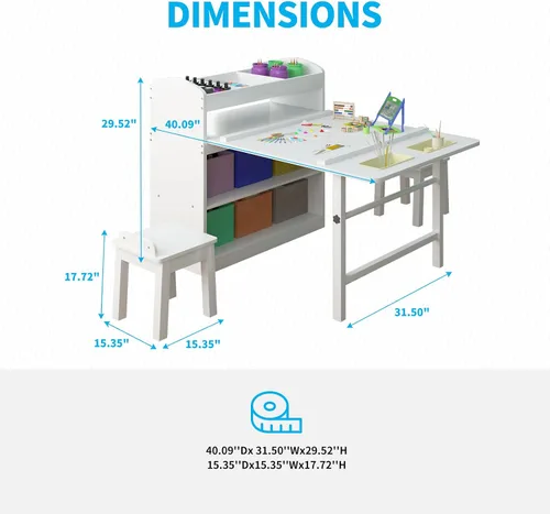 Miniatura 2 de Mjkone Juego de mesa de arte y 2 sillas para niños, juego de mesa de madera para niños con almacenamiento de suministros, contenedores de lona