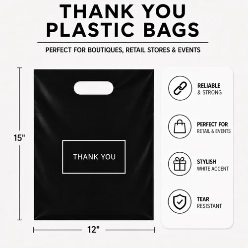 Miniatura 2 de Bolsas de plástico grandes con logotipo de agradecimiento, 12 x 15 pulgadas, con asas troqueladas, 100 unidades, ideales para mercancías, regalos