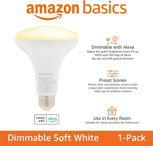 Miniatura 2 de Bombilla LED inteligente BR30, Amazon Basics, blanco suave regulable (2700K), 9W (equivalente a 60W), 800 lm, funciona solo con Alexa, Wi-Fi de 2,4